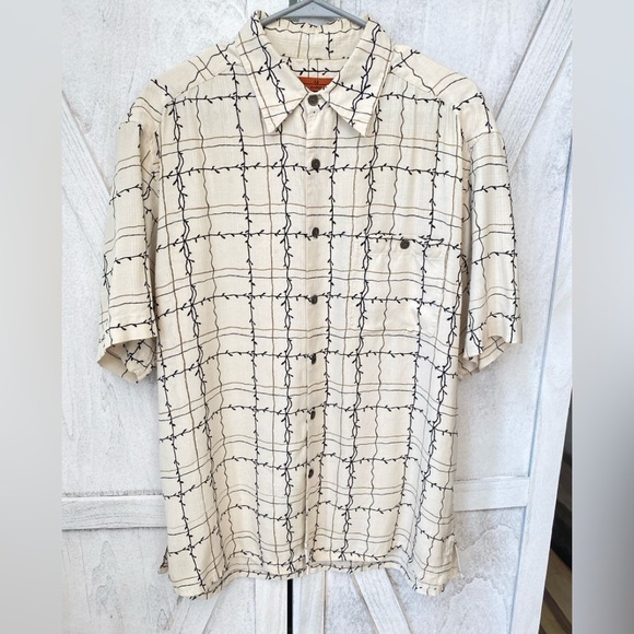 6A By Axis Silk Short Sleeve Button Up Shirt Size M Beige Check Pattern Preppy - Picture 6 of 9